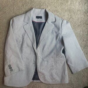 3/4 sleeve business jacket, navy blue and white vertical stripes, medium